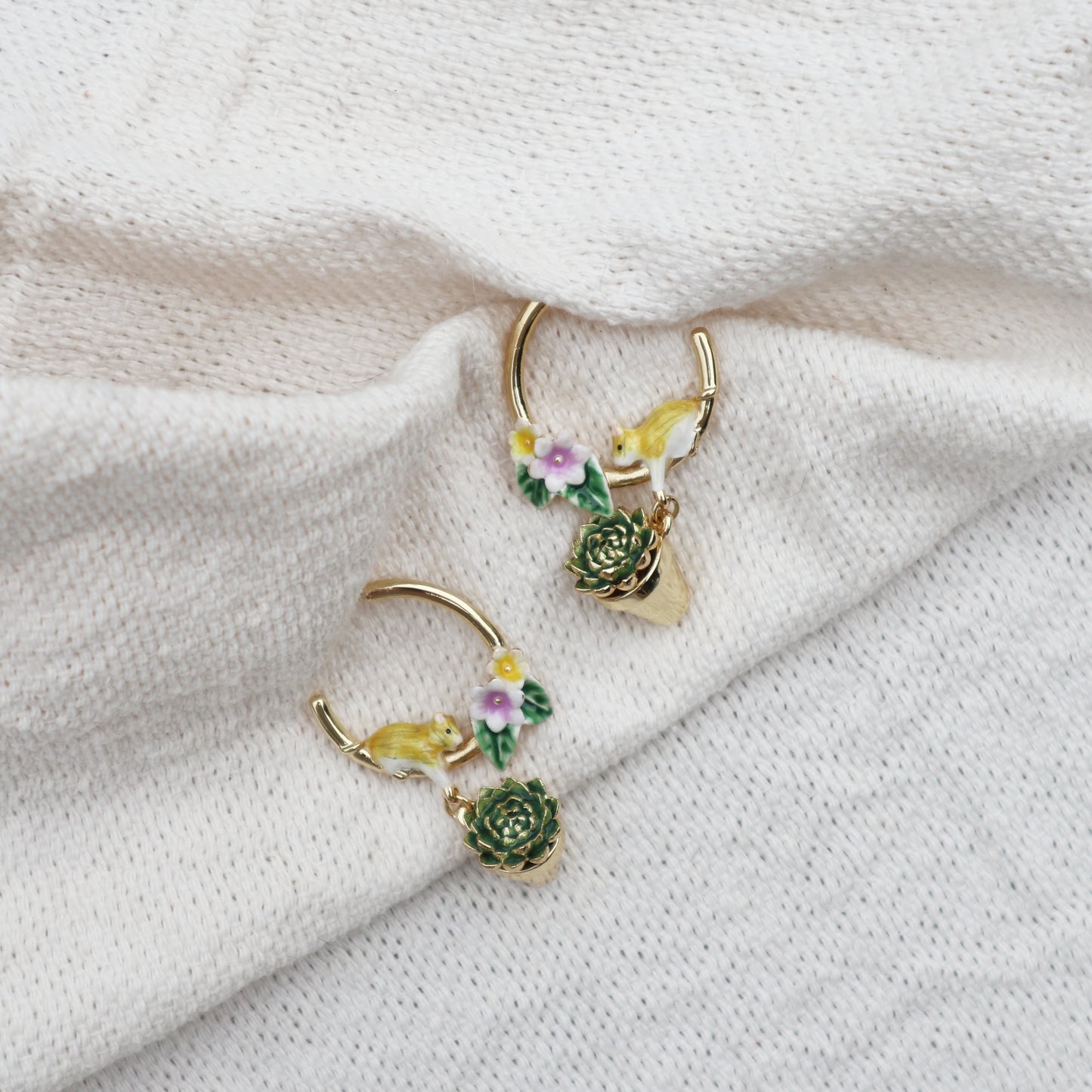 Dormouse in Flower Pot Hoop Earrings