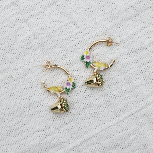 Dormouse in Flower Pot Hoop Earrings